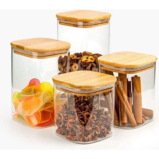 Vierkante voorraadpotten van 750 ml - Set van 3 stapelbare voorraadpotten - Voorraadpotten van borosilicaatglas - Glazen potten Kruidenpotjes met bamboe deksels - Ideaal voor spaghetti, kruiden, snoep