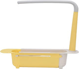 Telescopische spoelbak-opbergrek, uitbreidbare spoelbak-organizer, verstelbaar afdruipoppervlak, spoelbak, spons, zeephouder, opslag, afvoermand voor keukengootsteen (geel)