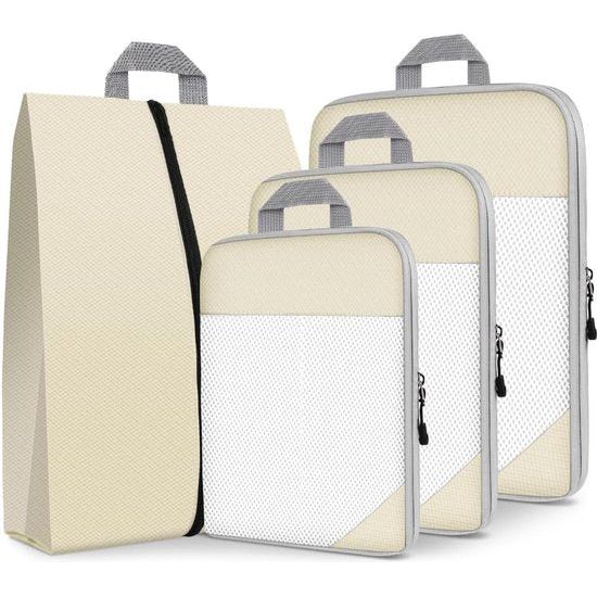 Kofferorganizerset, 4-delig, Packing Cubes, waterdichte reis-kledingtassen, paktassen voor koffer, verpakkingskubus met make-uptas, schoenentas (beige)