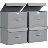 Pack of 4 Storage Boxes with Lid, Foldable Storage Box with Handle, Fabric Storage Baskets, Wardrobe Organiser, Folding Box for Clothes, Books, Light Grey