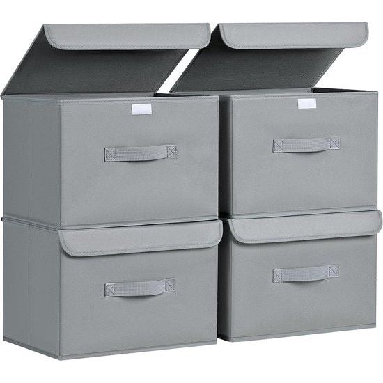Pack of 4 Storage Boxes with Lid, Foldable Storage Box with Handle, Fabric Storage Baskets, Wardrobe Organiser, Folding Box for Clothes, Books, Light Grey