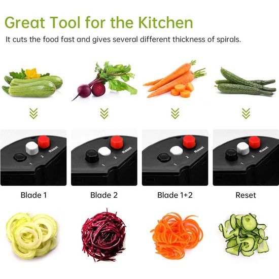 Spiraalsnijder, groente met reservoir, 4-in-1 groentesnijder, spaghetti groenteschaaf, spiraalsnijder voor groentespaghetti, courgettes, wortelen, aardappelen, wortels, wortelen, wortels,