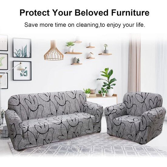 Bankhoes 3-zits - Bank Sofa Cover - Elastic Stretch Spandex Hoes - Antislip Wasbare Protector en Cover met armleuningen - Grijs Gelijnd