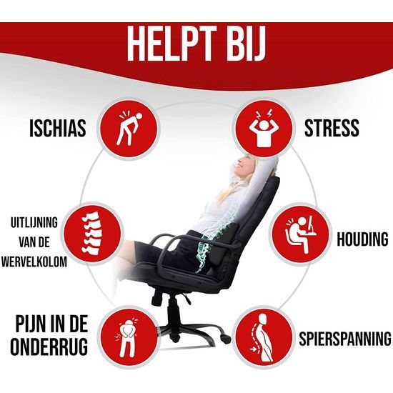 Rugkussen bureaustoel, lendensteun rugkussen voor auto, lendenkussen bureaustoel, traagschuim rugkussen stoel, wasbare hoes (zwart)