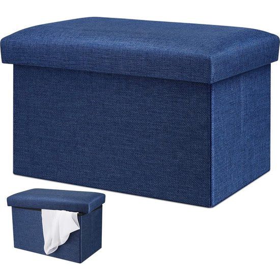 Opvouwbare kruk, 40 x 25 x 25 cm, voetenbank, kist, beklede kruk met opbergruimte, multifunctionele zitkubus als opbergdoos voor slaapkamer, hal, woonkamer (marineblauw)