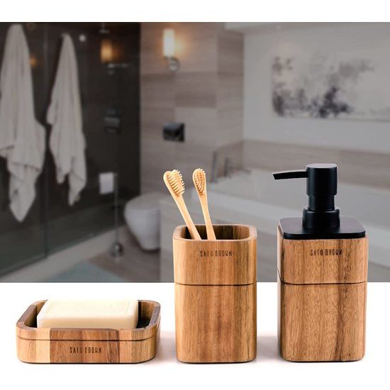 Badkameraccessoireset acaciahout 3-delig incl. badzeepdispenser, badkamerbeker, zeepbakje accessoires voor badkamer decor