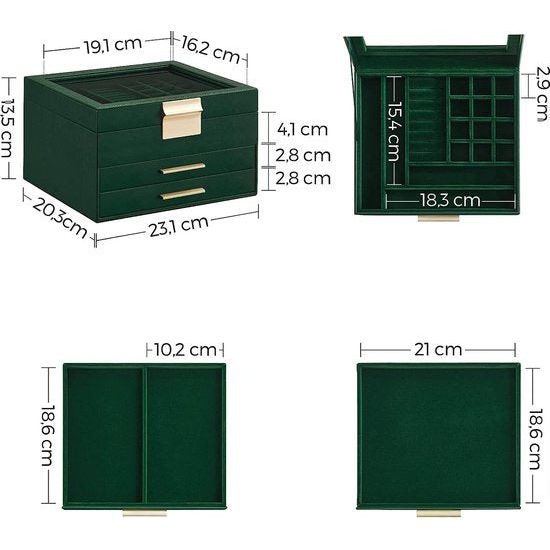 Sieradendoos, sieradendoos met 3 niveaus, sieradendoos met glazen deksel, 2 shops, sieradenopslag, veel opbergruimte, modern, cadeau voor je geliefde, bosgroen-goud