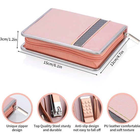 Manicure set, 26-delige professionele nagelknipper set, roestvrij staal nagelset gereedschap voor manicure en pedicure, nagelriemreiniging, geavanceerd ontwerp met ritssluiting, roze