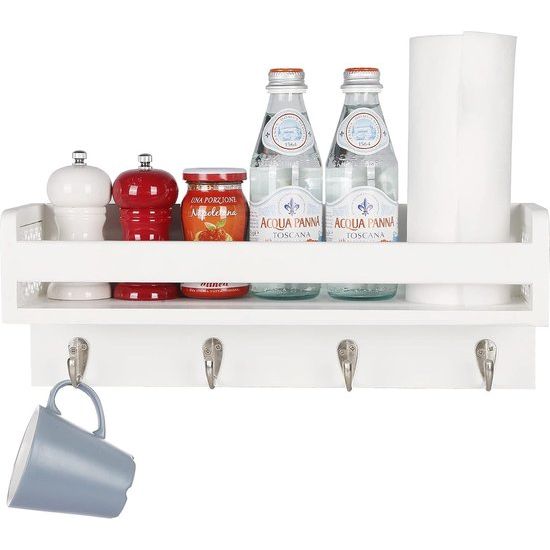 Houten wandrek voor organizer, keuken, kruidenrek, wandrek met 4 haken voor sleutelplank, opbergruimte, badkamer, boekenkast van hout voor slaapkamer, wanddecoratie, kantoor en huishouden. (wit)