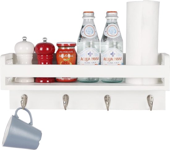 Houten wandrek voor organizer, keuken, kruidenrek, wandrek met 4 haken voor sleutelplank, opbergruimte, badkamer, boekenkast van hout voor slaapkamer, wanddecoratie, kantoor en huishouden. (wit)