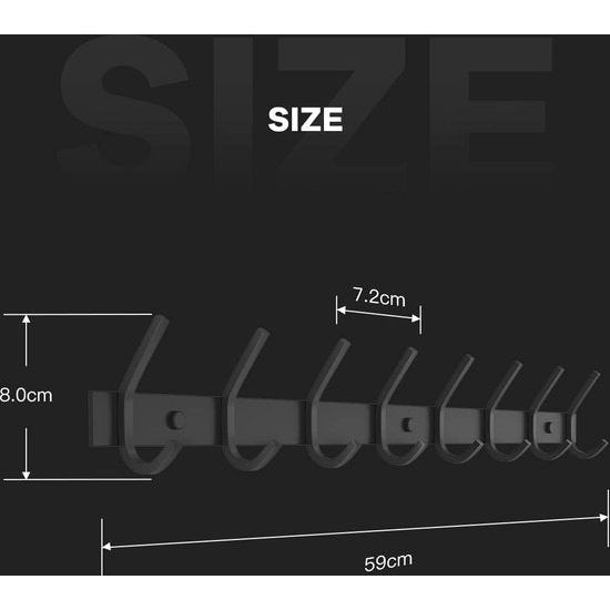 Kapstok, roestvrij staal, kapstokken, kapstokken, dubbele haken, draaglast tot 30 kg, zwart, 8 haken
