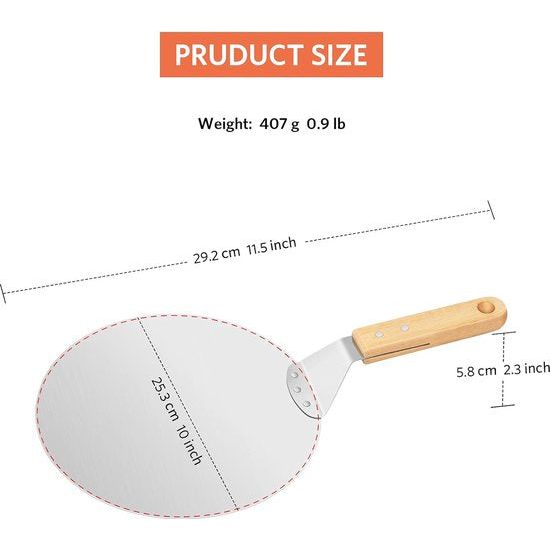 Pizzaschuiver, pizza schep metaal met houten handvat en roestvrij stalen metalen dienblad voor zelfgemaakte pizza's, gebak, deeg, brood, gebak enz. Heavy Duty ovenschuiver, 25 cm