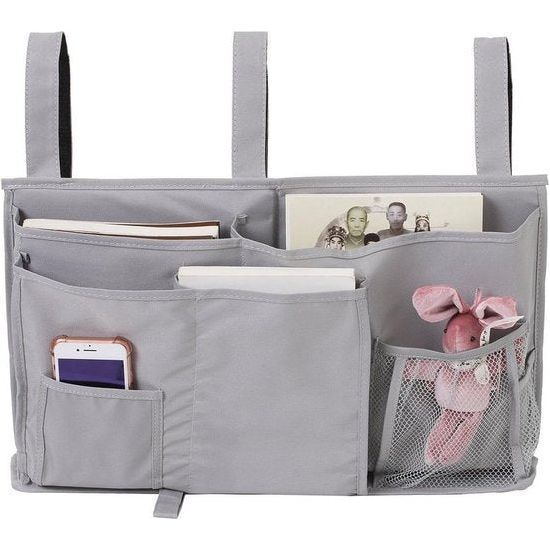 Bettasche Bed Organizer Hoogslaper opbergtas voor boek, tijdschrift, speelgoed, mobiele telefoon, hoofdtelefoon (grijs)