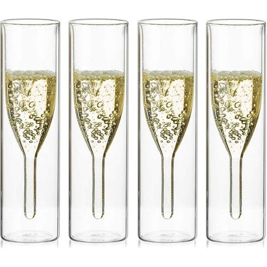 Massief Dubbelwandige Champagne Glas Kristallen Glazen, Klassieker Tulp Goblet Stemless Helder Glazen Bekers, Mondgeblazen Toast Glazen voor Catering, Bruiloften, Feesten, Bars, Familiebijeenkomsten (4)