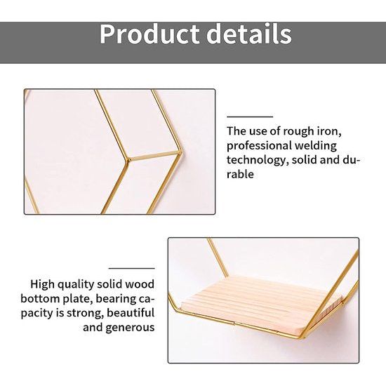 Metalen zeshoekige wandrek, Europese zeshoekige geometrische lijn design wandrek met houten planken, voor woning, werkkamer, slaapkamer, woonkamer, hal (goud x 3)