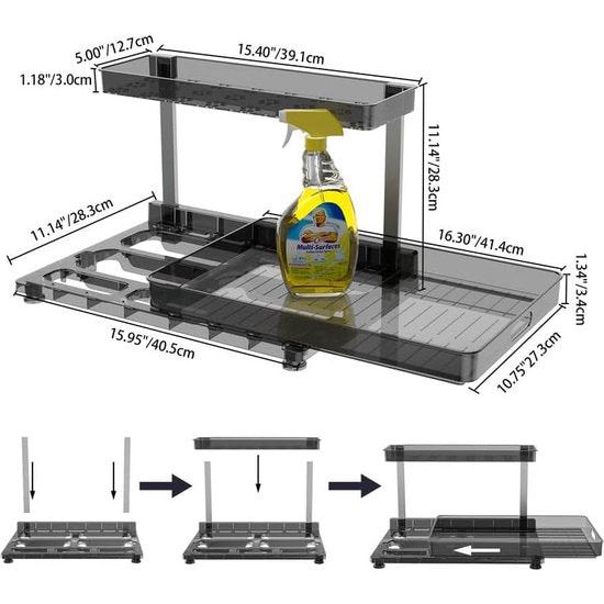 Keukenkastorganizer, keukenorganizer met laden, kastorganizer, keuken uitschuifbaar, ondergootsteenplank voor onderkast, gootsteen- en badkamerkast, schoonmaakbenodigdhedenorganisator in