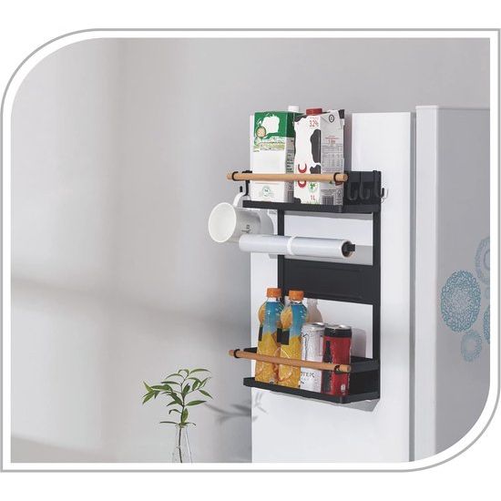 Magnetisch zijrek, belastbaar tot 12 kg, hangrek met afneembare haken en houten stokken, zwart