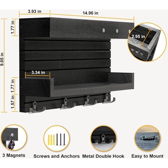 Sleutelrek met plank, wandsleutelhouder met 4 dubbele sleutelhaken, houten rek, sleutelorganisatie, postorganisatie, rustieke wooncultuur voor de entree