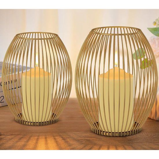 Set van 2 kaarsenhouders, decoratieve woonkamer, slaapkamer, badkamerlantaarn, kaarsenhouder voor stompkaarsen, vintage tafeldecoratie, Kerstmis, huwelijkscadeau, metaal openen en sluiten, goud