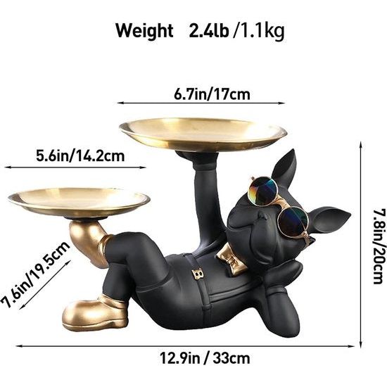 Bulldog Dienblad Decoratieve Franse Bulldog Decoratieve Dierensculptuur Hondensculptuur Hars Decoratieve Sculptuur Desktopornament 23,5 x 20 x 20 cm (zwart)
