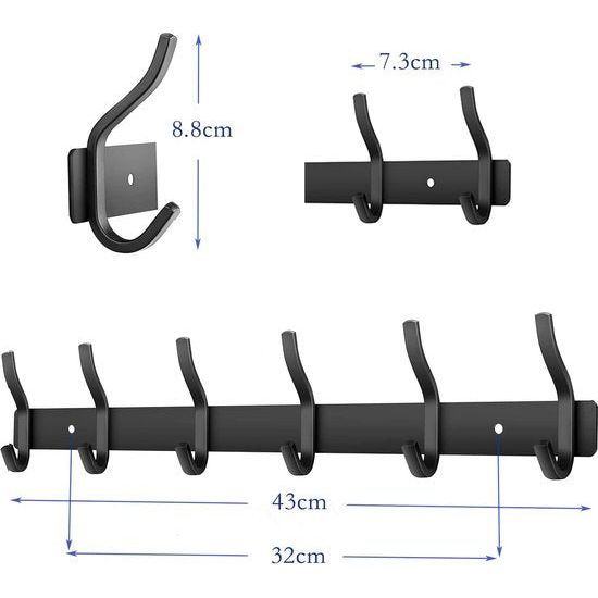 Kledingkasthaken, Zwart, roestvrij staal, haaklijst, kledinghaken, muur met 6 haken, garderobelijst, wandkast voor slaapkamer, badkamer, keuken (zwart)