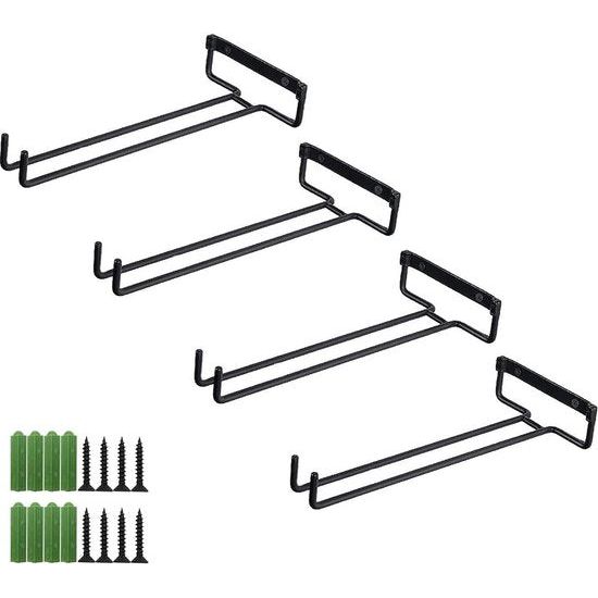 Wijnglashouder, 4 stuks glashouders om op te hangen, metaal, wijnglazen, houder, glazenrailhouder, onder kast, hangend wijnglasrek voor keuken, bar, restaurant, 30 cm, zwart