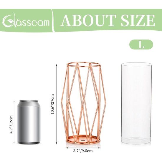 Vaas voor pampasgras, glas, roségoud, vaas, hoge vloervaas met geometrisch metalen frame, knopbloempot, voor Scandinavische decoratie voor bureau, bruiloftsmiddenstuk, 27 cm hoog