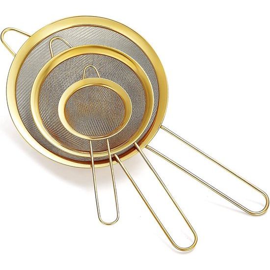 Gold Fine Mesh Zeef 3-delige set, Golden Flour zeef om te bakken, roestvrij stalen clander, gouden matcha theezeef, sausscheider, Stasher zeef