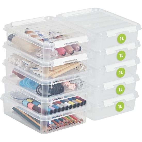 Small Storage Boxes, 1 Litre, 10 Transparent and Stackable Boxes with Lids and Clip Closure, BPA-Free and Food-Safe, 21 x 17 x 6 cm, One Size