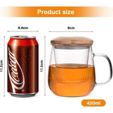 Theemok met zeef, glazen theekop met bamboedeksel, 420 ml, theemok van borosilicaatglas, transparante theekop voor thee, bloeiende thee, theezak, hittebestendig, voor thuis en op kantoor