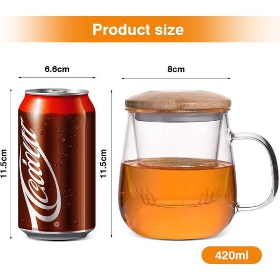 Theemok met zeef, glazen theekop met bamboedeksel, 420 ml, theemok van borosilicaatglas, transparante theekop voor thee, bloeiende thee, theezak, hittebestendig, voor thuis en op kantoor