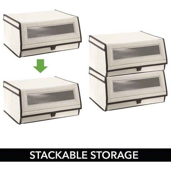Set van 2 stoffen schoenenopbergers - stapelbare schoenendoos met kijkvenster, klittenband en scharnierend deksel - opbergdoos voor kast of plank - crème en donkerbruin