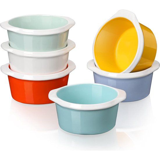 Bakvorm taartvorm, soufflévormen porselein, 6-delige mini ovenschaal ovenvormen voor crème brûlée dessertsoufflé, ronde vorm, inhoud 160 ml, optimale inhoud 140 ml