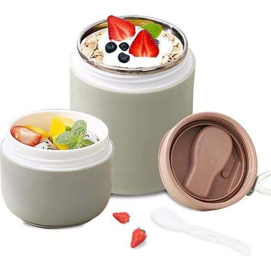 Mueslibeker om mee te nemen, voedselcontainer voor verse maaltijden onderweg, lekvrije yoghurtbeker om mee te nemen, met 2 scheidingsvakken, veelzijdige muesli-to-go beker voor werk, school,