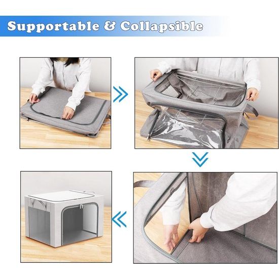 2 stuks opbergdozen voor kleding, opvouwbare kledingopbergbox met metalen frame en 3 ramen, opbergtas voor dekbedden, dekens en kleding, grijs (66 liter)