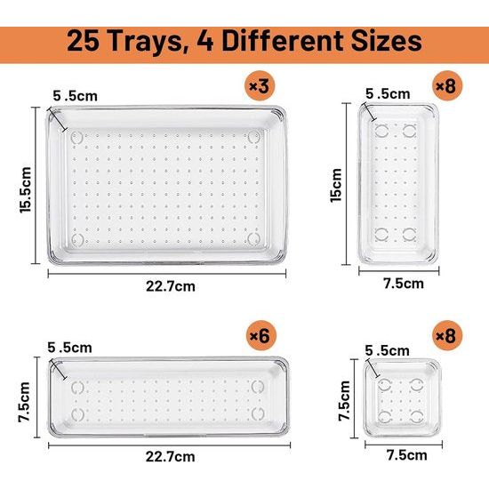 25 stuks transparant lade-organizer-systeem met plastic opbergdozen in 4 maten, antislip, transparante make-up-organizer voor badkamer, cosmetica, dressoir, keuken, kantoor enz.