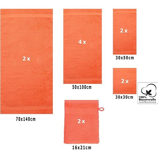 12-delige badstof handdoekenset - 2x lighanddoeken - 4x handdoeken - 2x gastendoekjes - 2x zeepdoekjes - 2x washandjes - bloedsinaasappel