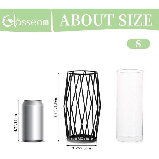 Glazen bloemenvaas met geometrische metalen plankstandaard, kristalheldere terrariumplantenbak, knopglasvazen voor bloemen, hydrocultuurplant, middelstuk voor bruiloft op thuiskantoor, zwart, 21,5 cm