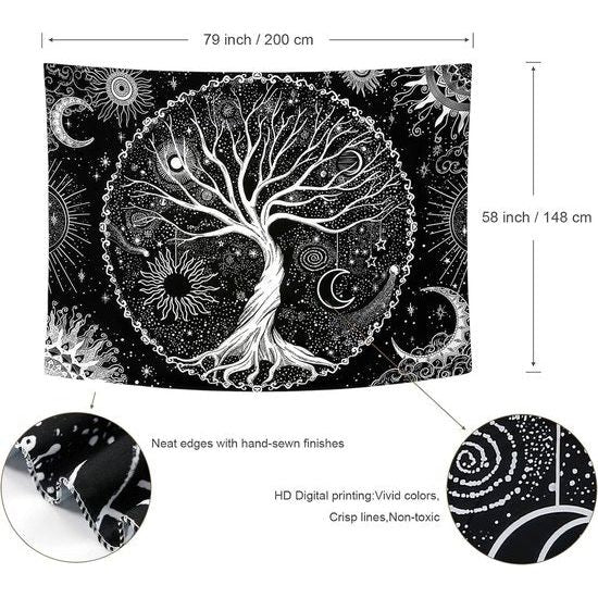 Levensboom wandtapijt zwart-wit-zon-maan-wandtapijt Galaxy Space wandtapijt zwart esthetisch wandtapijt voor slaapkamer L / 150 cm x 200 cm