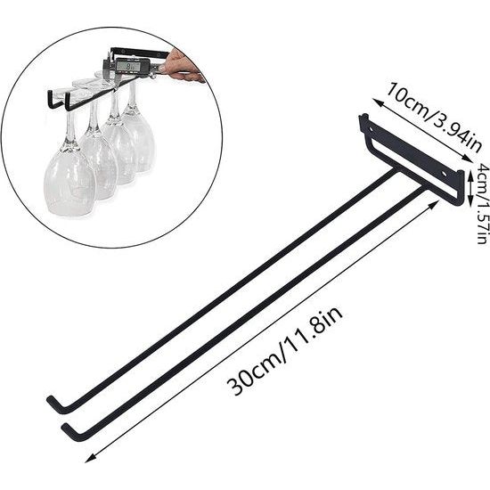 Wijnglashouder, 4 stuks glashouders om op te hangen, metaal, wijnglazen, houder, glazenrailhouder, onder kast, hangend wijnglasrek voor keuken, bar, restaurant, 30 cm, zwart