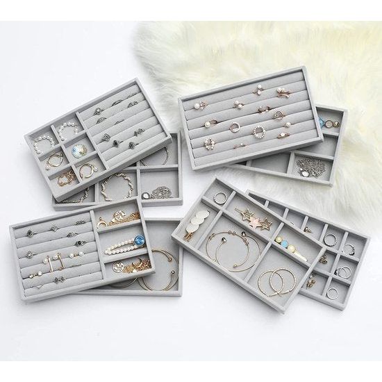 6 stuks fluwelen gevlokte sieraden opberg bowls, sieraden trays organizer, sieraden opslag lade insert voor armbanden, halskettingen, oorbellen, ringen, grijs