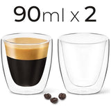 DLux - Set van 2x 90ml espresso koffiekopjes- dubbele laag, helderglazen - geïsoleerd Borosilicaat glaswerk