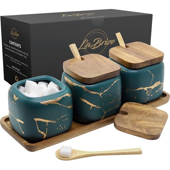 Keramische kruidenpotjes, set van 3, suiker- en zoutpotjes, in elegante marmerlook, eyecatcher, kruidenpotje met echt houten deksel en bamboe serveerlepel, incl. echt houten dienblad (smaragdgroen)