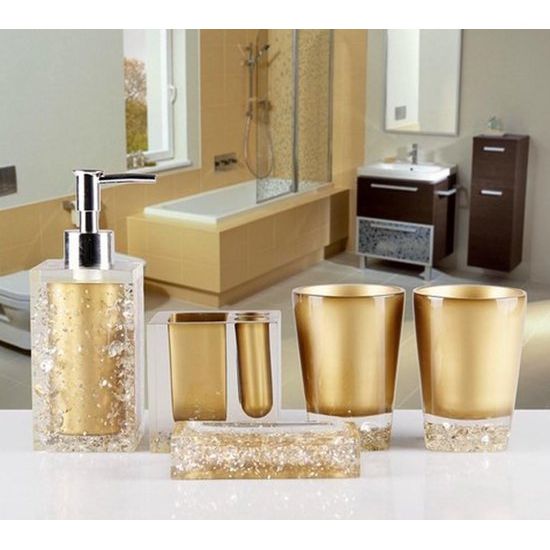 Luxury Acryl WC Bad Set Badset Set / 5-delig/ Zeepdispenser / Tandenborstelhouder / Tandenborstelbeker, Goud