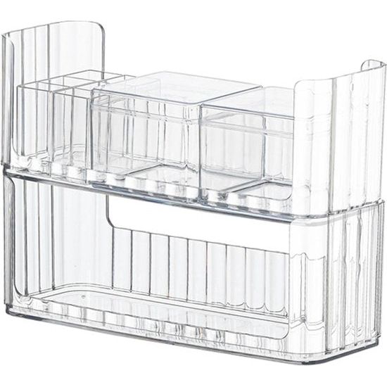 Stapelbare make-up organizer, 2 stuks, transparante ijdelheidsorganizer, cosmetische vitrine met 4 uitneembare verdelers, 2 lipgloshouders, 2 katoenen doekjes, padhouder, Q-tips, organizer