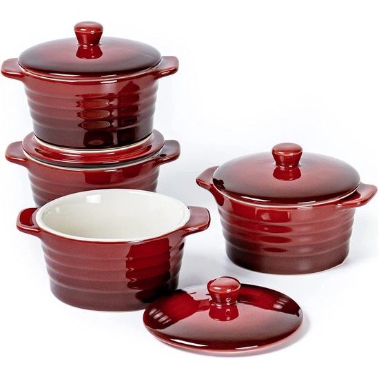 Ovenschaal klein, 250 ml x 4 stuks, soufflé vormpjes met deksel - rood, crème brûlée schaaltjes van porselein, soepkopjes met handvat, dessertkom voor soufflé, muffins, cupcakes, fondants en fruit