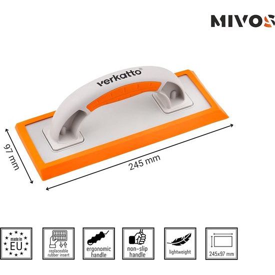 Raspplank met rubberen coating voor voegen 245 x 97 - tegelvoegplank met afgeschuind rubber - dappel met ergonomische kunststof handgreep voor tegelleggers - gladtroffel