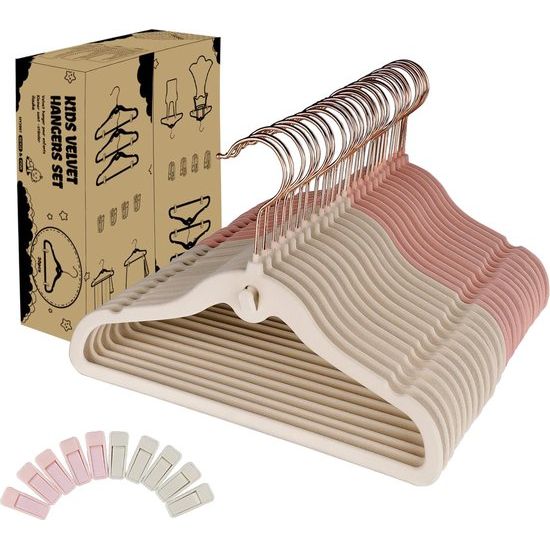 Kleerhangers voor kinderen, van fluweel, 30 stuks babyhangers met haken in roségoud met 20 clips, ultradun, ruimtebesparend, antislip, kinderkleerhangers voor baby's, peuters en kinderkleding