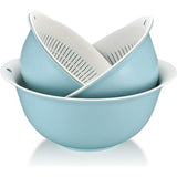 2-in-1 multifunctionele keukenzeefset, 3 stuks, dubbellaagse zeef, komzeef, kunststof, afdruipzeef, afvoerbak voor groenten, rijst, groenten, salade, keukenzeef, 3 maten, blauw