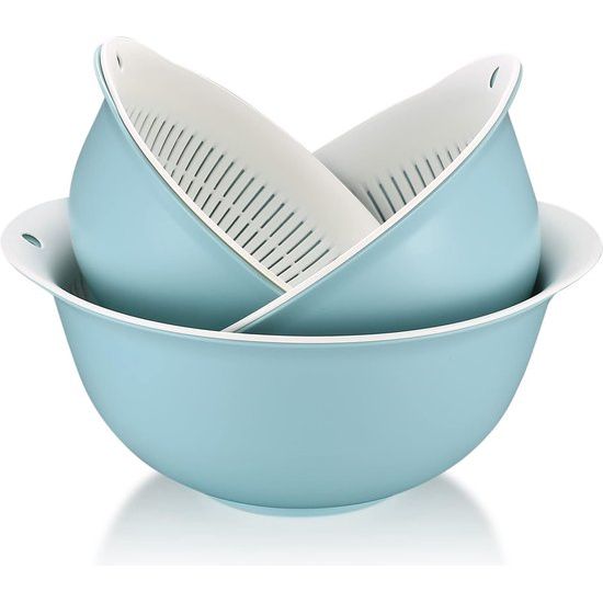 2-in-1 multifunctionele keukenzeefset, 3 stuks, dubbellaagse zeef, komzeef, kunststof, afdruipzeef, afvoerbak voor groenten, rijst, groenten, salade, keukenzeef, 3 maten, blauw